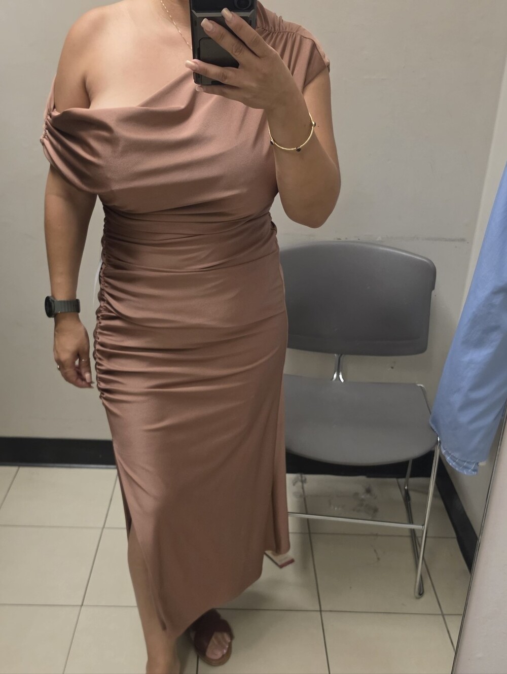 One-Shoulder Ruched Satin Midi Dress in Rose Taupe
